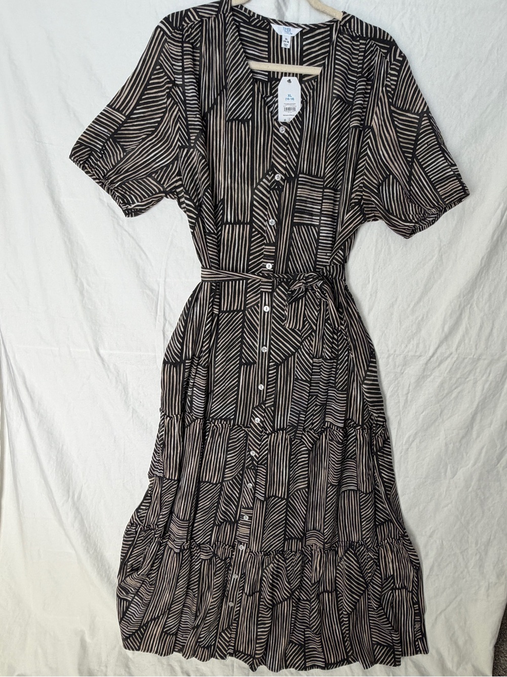 Time and Tru Black & Beige Button-Front Tiered Maxi Dress NWT XL